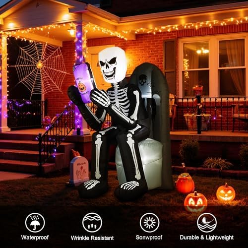 BLOOMWIN 6 FT Halloween Inflatable Outdoor Decoration Skeleton & Tombstone