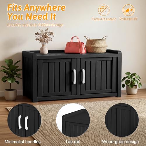 2-Tier Storage Bench, Waterproof UV-Resistant Outdoor Shoe Storage Cabinet ，O...