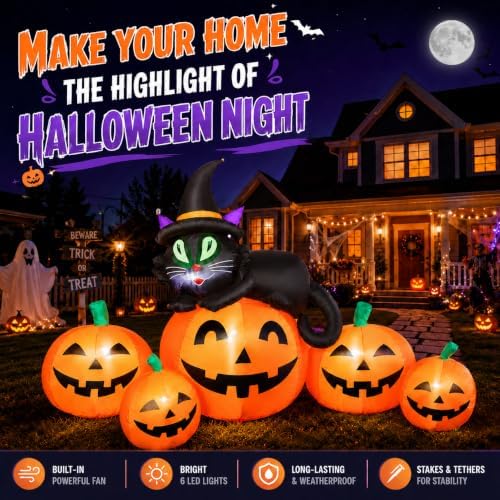 5FT 6 LED Halloween Inflatable Pumpkins Witch Black Cat Outdoor Yard Decor
