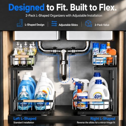 Under Sink Organizer 2 Pack, Double Slide Out Metal Shelf, Black