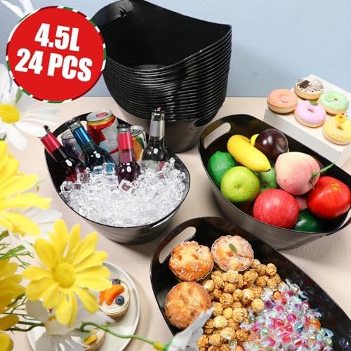 24 Pcs Oval Storage Tub with Handles Ice Buckets for Parties, Black
