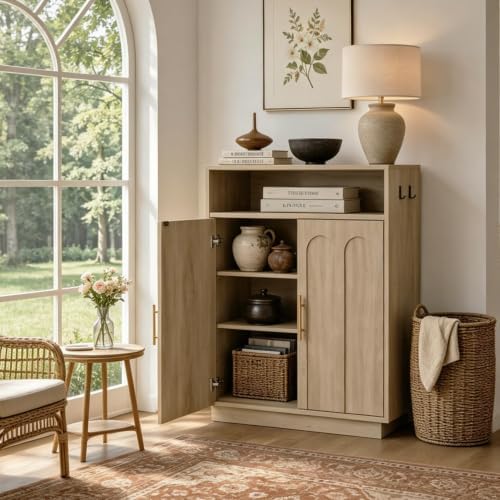 Shoe Cabinet with Arched Doors, 43" Hidden Shoe Storage, Oak