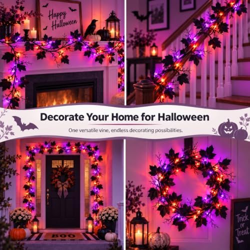 Halloween Garland with Orange & Purple Lights, 9 FT Black Maple Leaves