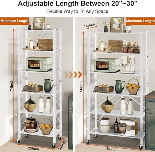 Himix 6-Tier Foldable Storage Shelves Expandable Shelf Wheels White 2-in-1