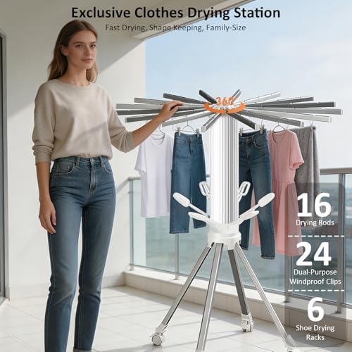 Foldable Laundry Rack with 6 Shoe Holders 24 Clothespins