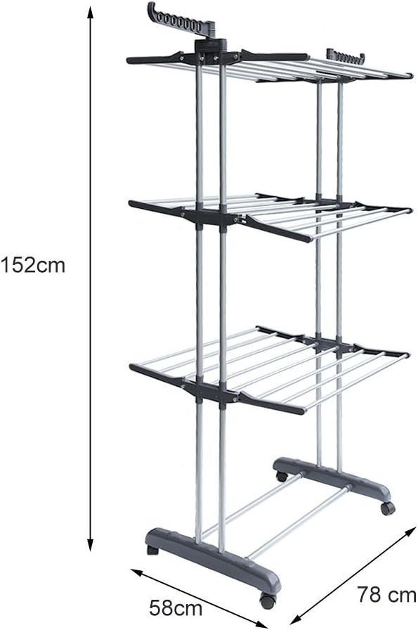 3-Tier Foldable Rolling Clothes Drying Rack with Commercial Grade Wheels Stai...