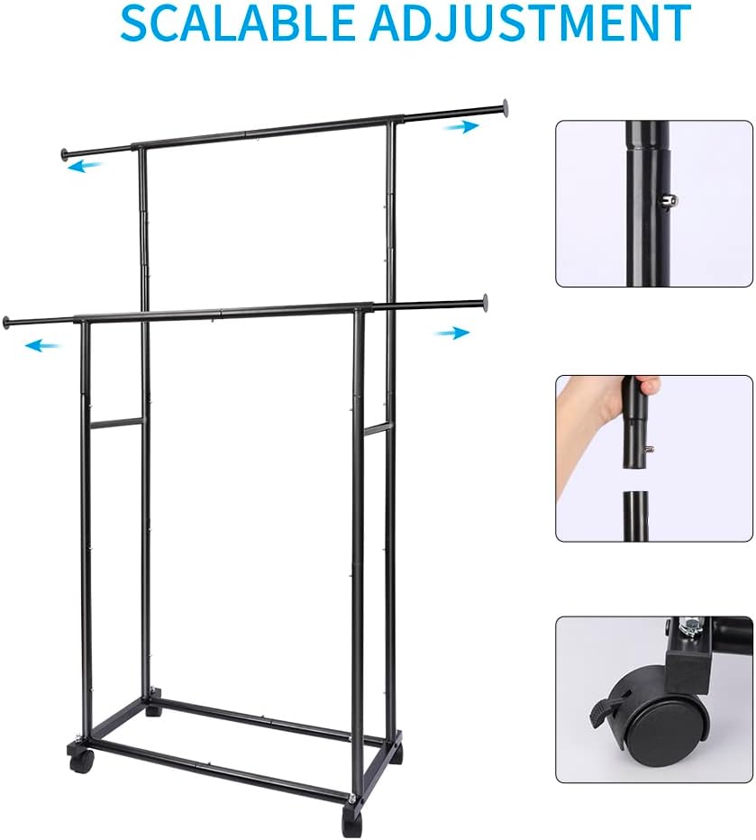 Black 48" W x 15" D x 65.5" H Double Rod Metal Rolling Clothes...