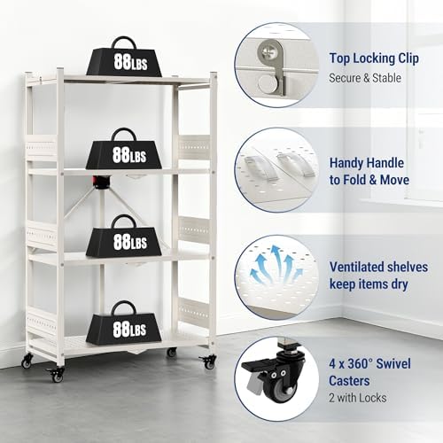 WORKPRO 4-Tier Folding Shelf, No-Assembly Metal Storage Rack with Wheels, 600...