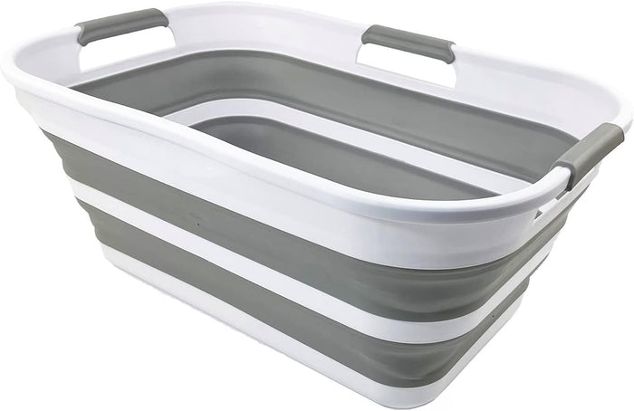 SAMMART 21L (5.5 Galloons) Collapsible Plastic Storge Basket - Foldable Pop Up Storage Container/Organizer - Portable Washing Tub - Space Saving Hamper/Basket (White/Grey)