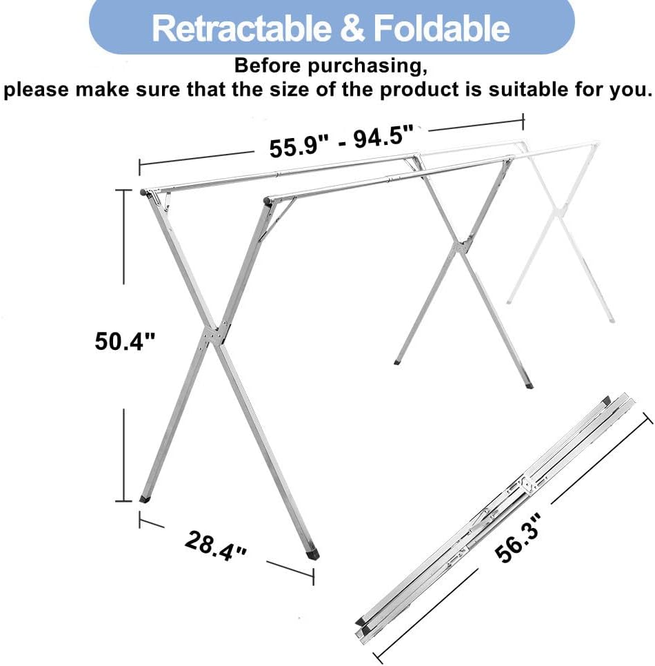 94.5in Premium Stainless Steel Clothes Drying Racks, Foldable and Adjustable ...