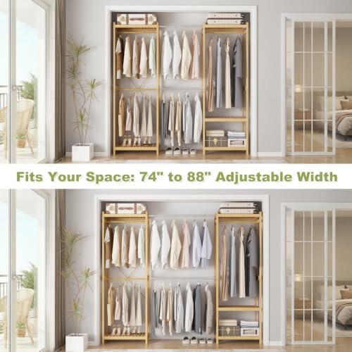 Homykic Bamboo 74"-88" Expandable Clothing Rack with 5 Hang Rods, 5...