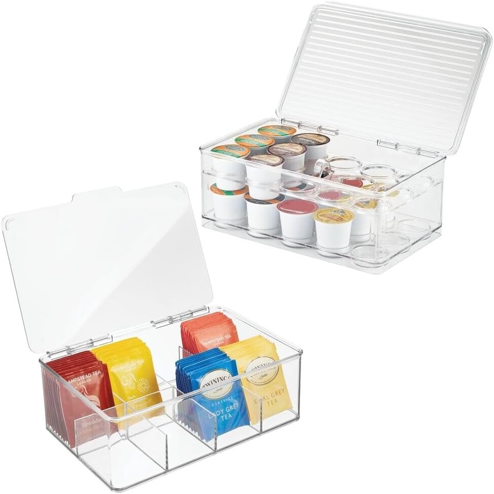 mDesign Plastic Stackable Divided Storage Organizer with Lid for Tea Bags and...