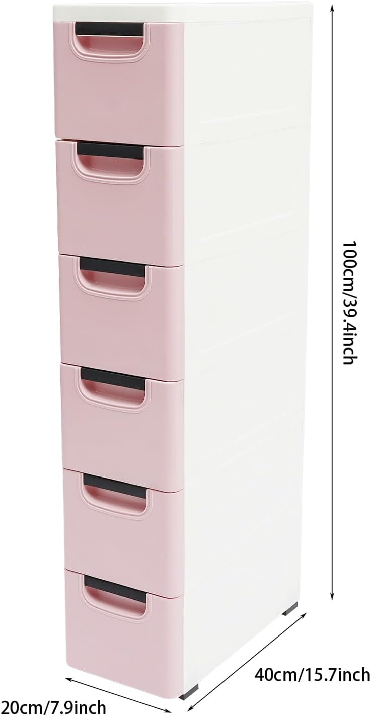 6 Drawers Narrow Slim Plastic Storage Cabinet,Storage Drawer with Wheels,6 Ti...