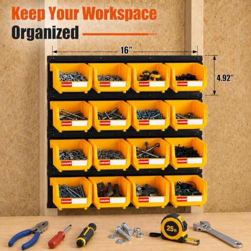 16pc Wall-Mounted Storage Organizer Set with Metal Rails Yellow