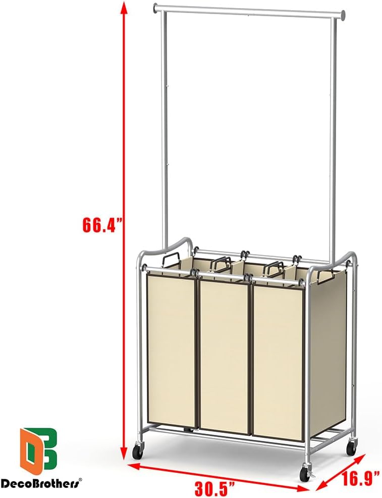 Deco Brothers Heavy Duty 3 Bags Laundry Sorter Cart with Hanging Bar, Beige