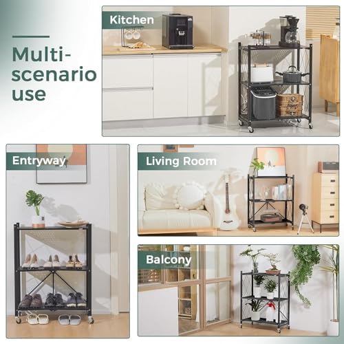 DEANIC 3 Tier Foldable Storage Shelves with Wheels, Kitchen Appliance Stand, ...