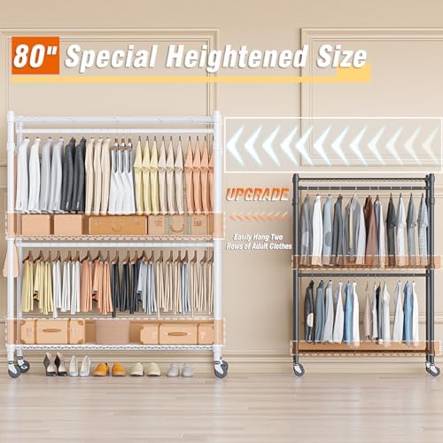 Homdox 3 Tier Garment Rack with Wheels, Portable Closets for Hanging Clothes ...