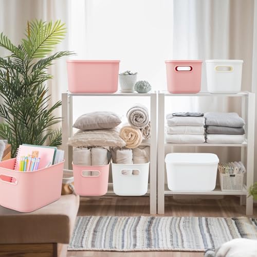Hoolerry 8 Pieces Storage Bins, 9.8 x 7.1 x 6.3 Inch, White and Pink