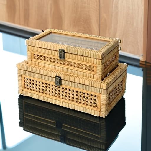 DECOR4SEASON Rattan and Cane Stacking Boxes with Glass Top Lid - Set of 2 for...