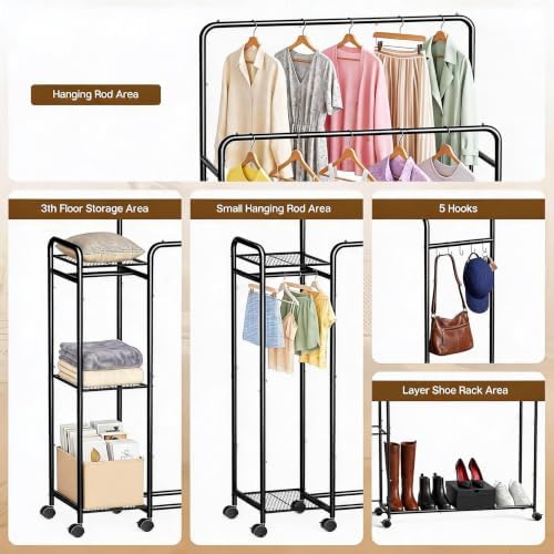 Heavy Duty Clothes Rack with Wheels, Double Rod Clothing Rack with Storage Sh...