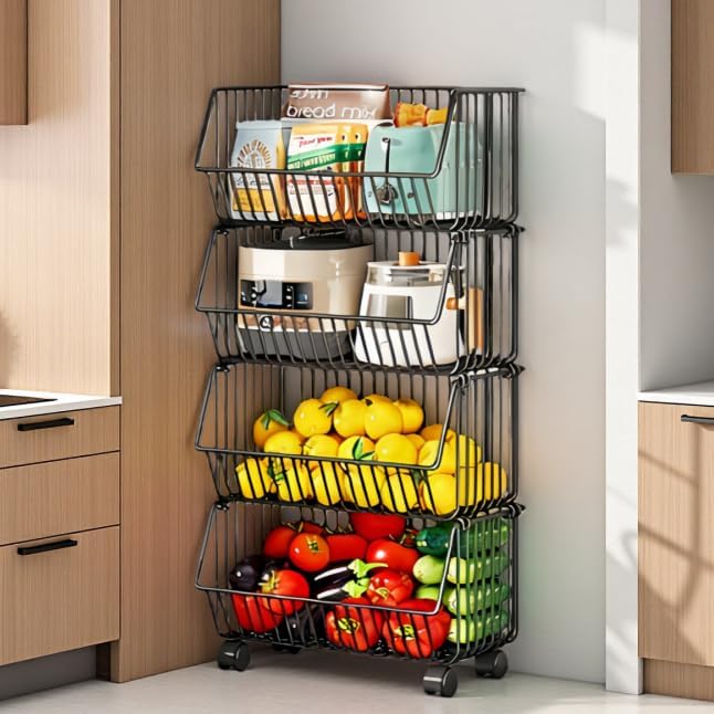 4 Tier Stackable Metal Wire Storage Baskets with Wheels, Fruit Vegetable Stor...