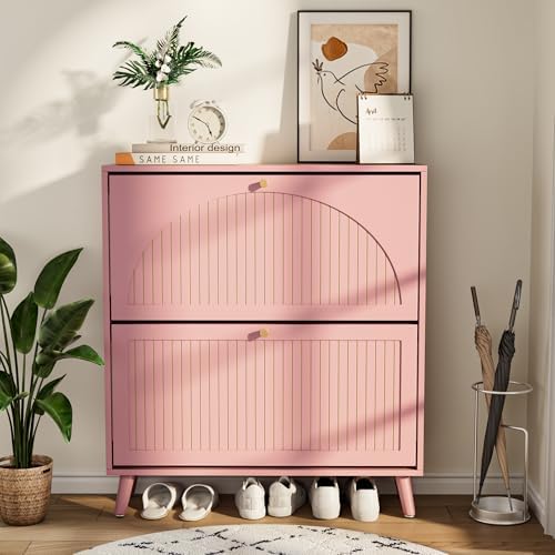 Fsbecl Shoe Storage Cabinet for Entryway with 2 Fluted Flip Drawers, Pink