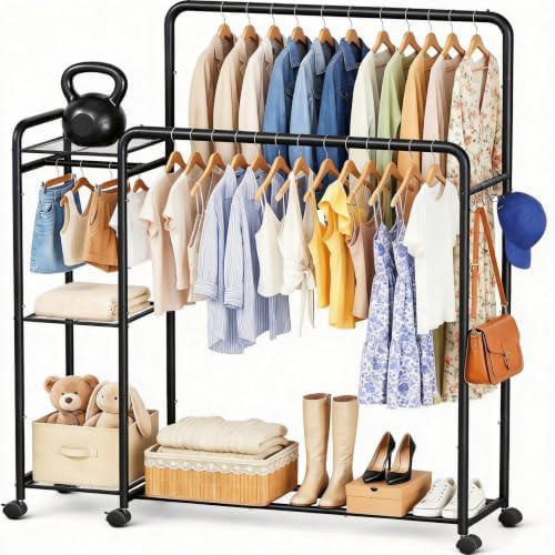 Heavy Duty Clothes Rack with Wheels, Double Rod Clothing Rack with Storage Sh...
