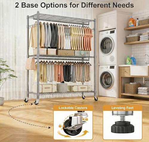 Homdox Rolling Clothes Rack Heavy Duty, 3-Tier Adjustable Wire Shelving Garme...