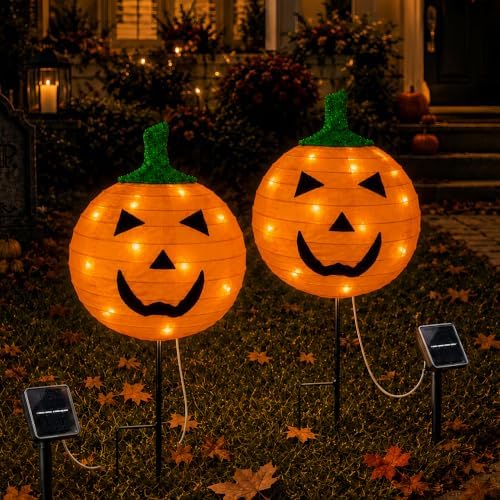 4Pack Solar Halloween Pumpkin Stake Light with 8 Lighting Modes, Fabric Lante...