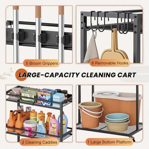 Broom Holder with Cleaning Supplies Organizer, Broom Closet Storage Cabinet w...