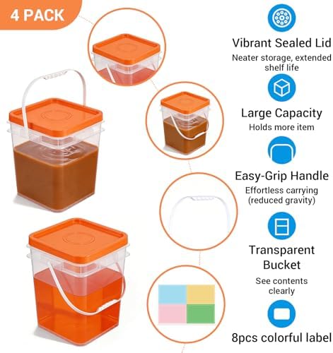 4 Pack 6.6 Gallon Square Plastic Bucket with Orange Lids, Heavy Duty Storage ...