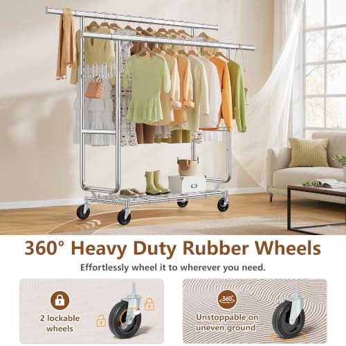 Hoctieon 2-Minute Assembly Double Rod Clothes Rack, Heavy Duty Rolling Clothi...