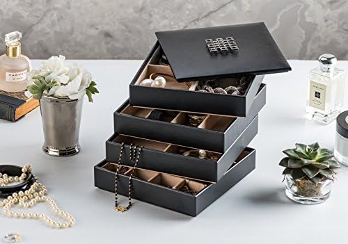Glenor Co Jewelry Organizer Tray - 4 Stackable Trays & Lid with Mirror - ...