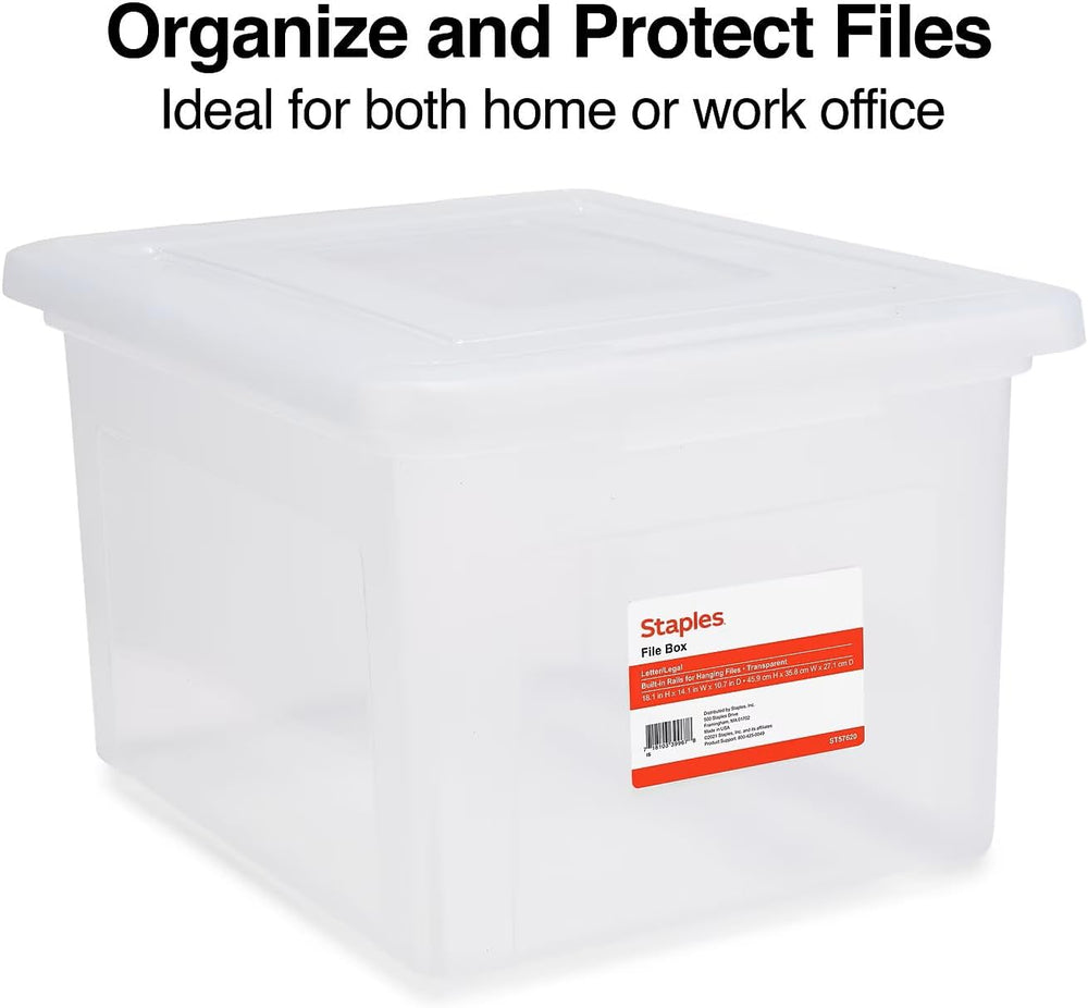 Staples Plastic File Box with Snap Lid, Letter/Legal Size, Clear, 4/Carton