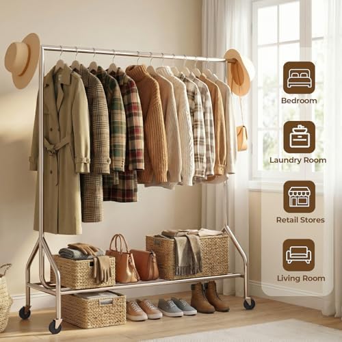 Heavy Duty Clothes Rack Load 500 LBS，Clothes Rack for Hanging Clothes，Rolling...