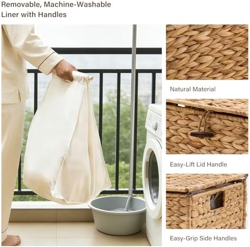 Hand-Woven Natural Water Hyacinth Laundry Basket with Wheels