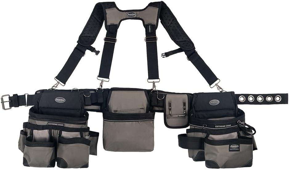 Bucket Boss Mullet Buster 3 Bag Tool Belt with Suspenders in Grey, 55135, Bla...