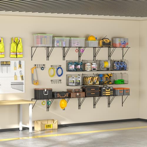 ThreeHio 2 Pack Garage Shelves Wall Mounted with Wire Baskets, Heavy Duty Gar...