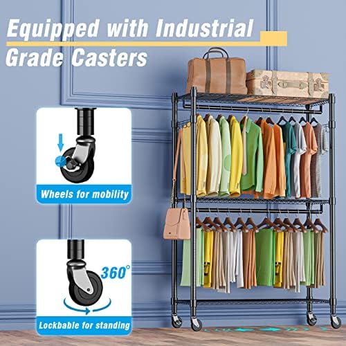 Homdox Double Rod Closet 3 Shelves Wire Shelving Clothing Rolling Rack Heavy ...