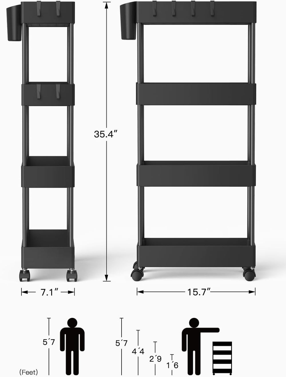 Pipishell 4 Tier Slim Storage Cart with Wheels, Laundry Cart, Black