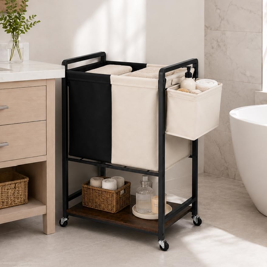 Rolling Laundry Sorter Cart with 2 Removable Bags, Double Laundry Hamper with...