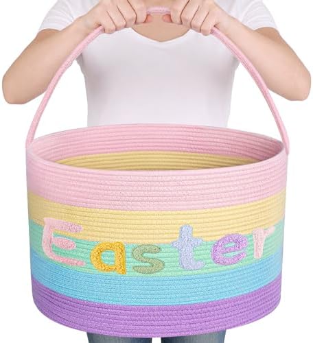 Rainbow Easter Basket, Extra Large Easter Egg Hunting Basket, Woven Cotton Ro...