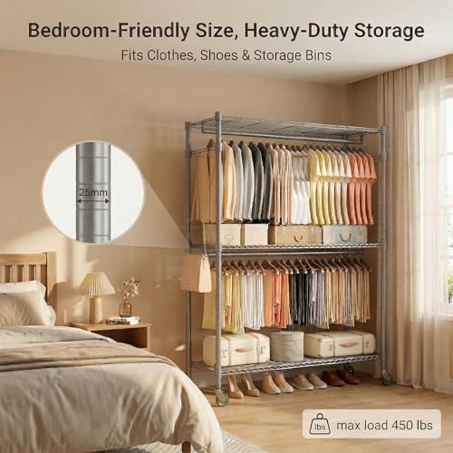 Homdox Rolling Clothes Rack Heavy Duty, 3-Tier Adjustable Wire Shelving Garme...
