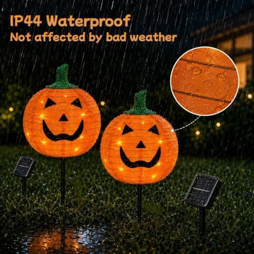4Pack Solar Halloween Pumpkin Stake Light with 8 Lighting Modes, Fabric Lante...