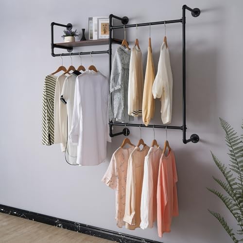 Industrial Pipe Clothing Rack, Wall Mounted Heavy Duty Garment Rack with Wood...