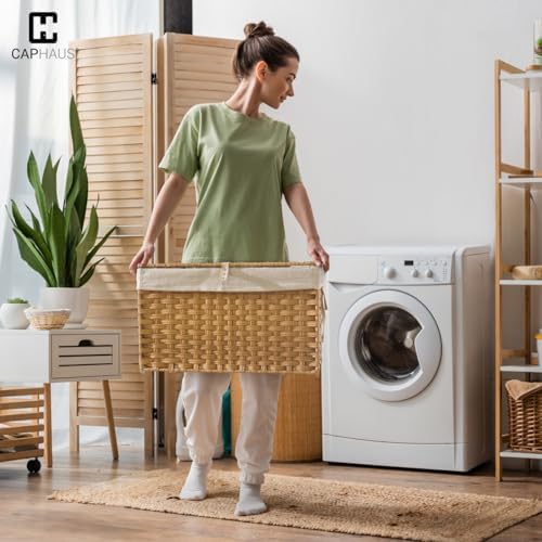 CAPHAUS Handwoven Storage Basket w/ Lid & Handles, 2 Removable Liner Bags...