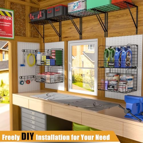 ThreeHio 2 Pack Garage Shelves Wall Mounted with Wire Baskets, Heavy Duty Gar...