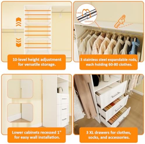 Closet System with Drawers, 5FT-8FT Closet Organizer System with Shelves &amp...