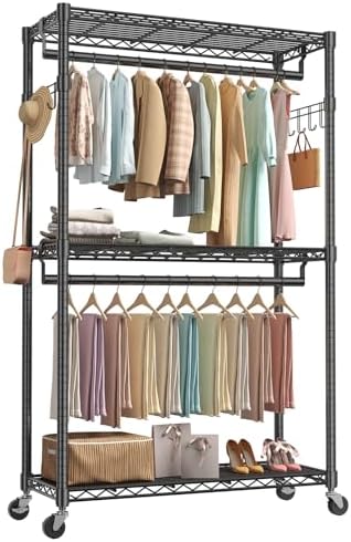 NEWBULIG Heavy Duty Clothing Rack with Wheels, 3-Tier Adjustable Wire Garment...