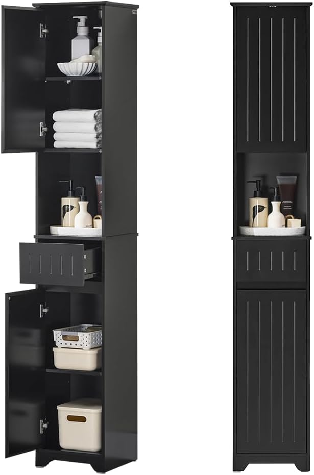 SoBuy Bathroom Storage Cabinet Adjustable Shelves, Tall Narrow, Black